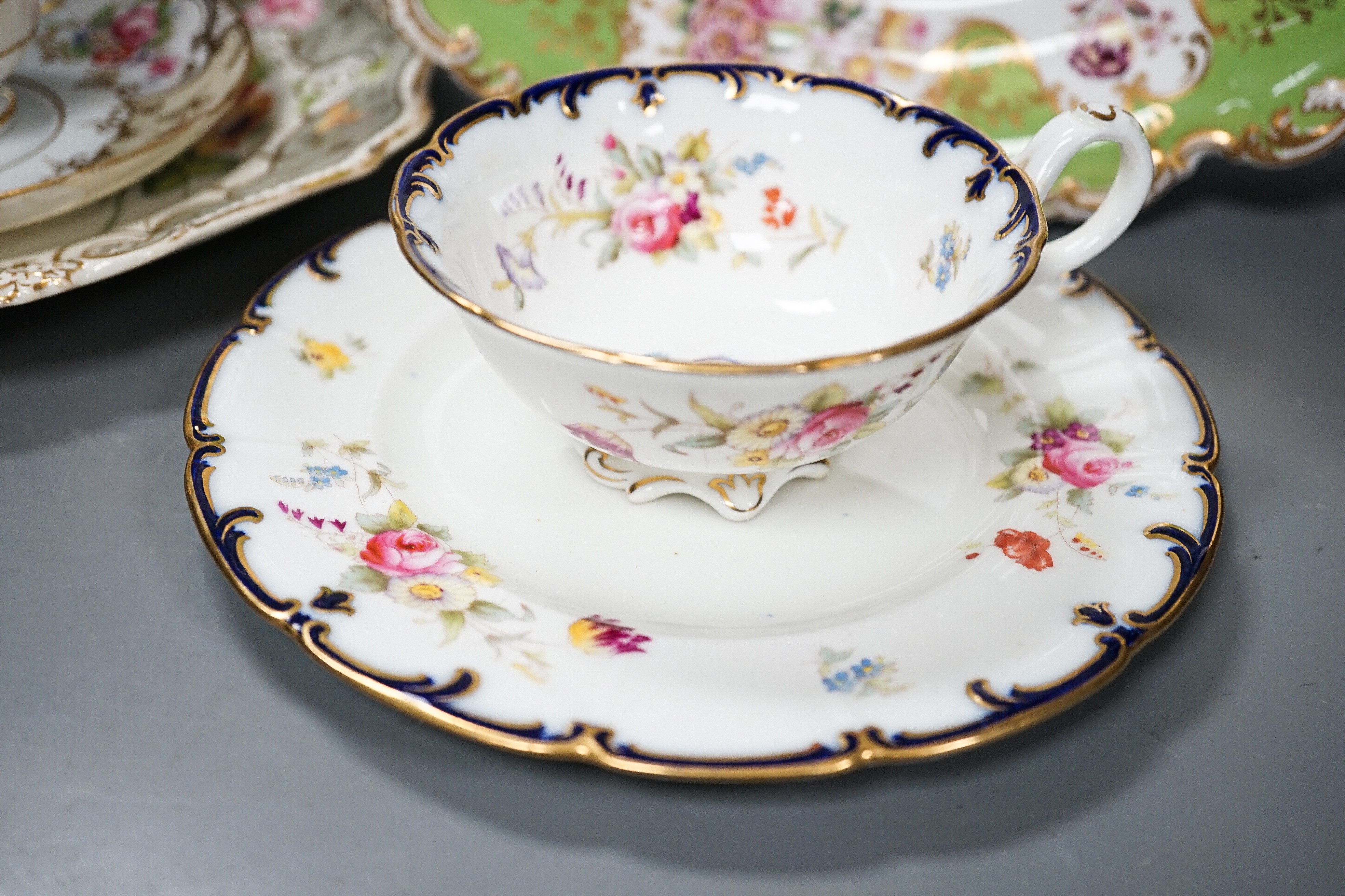 A Copeland and Garrett porcelain part dessert service, a Ridgway type porcelain part desert service and a Cauldon part tea set